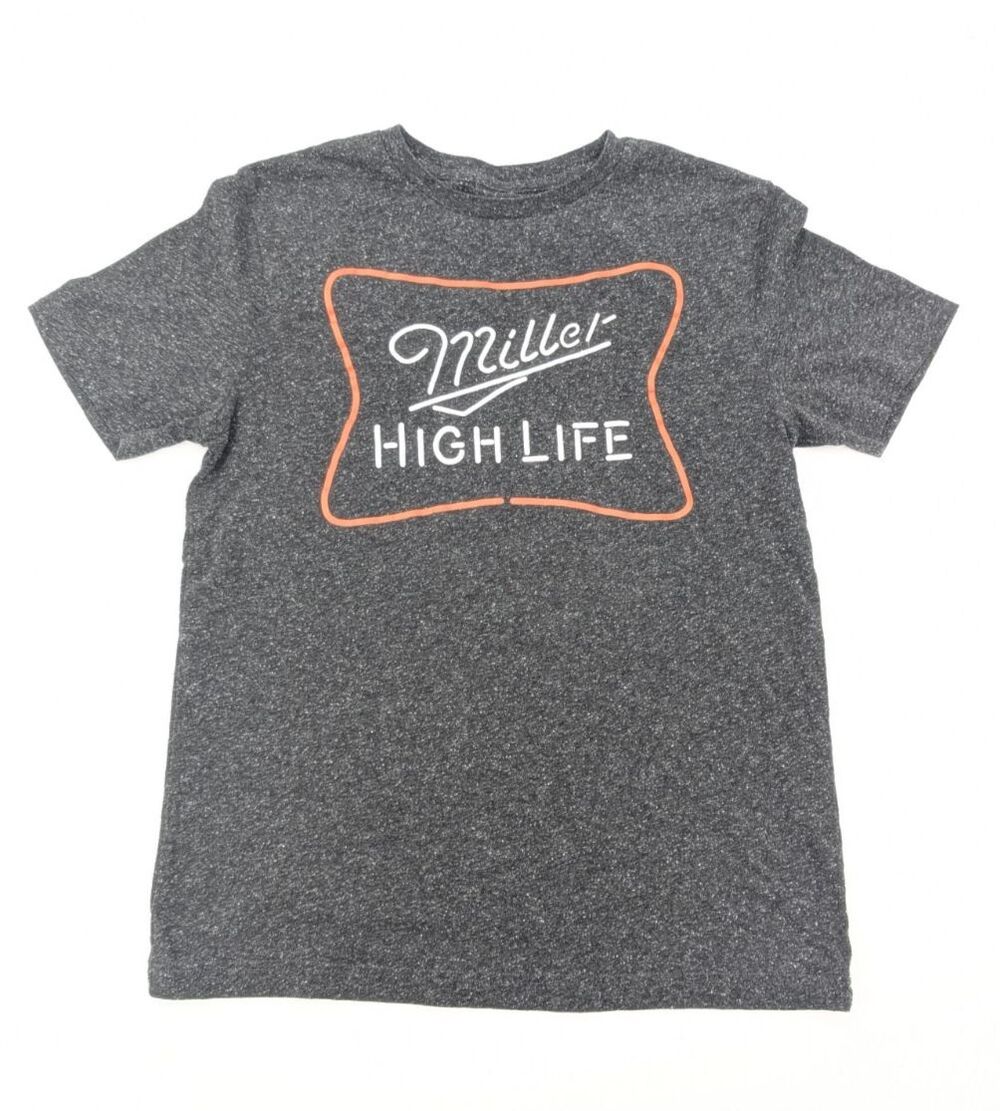Miller High Life Gray Neon Sign Speckled Graphic Short Sleeve T-Shirt Size Med